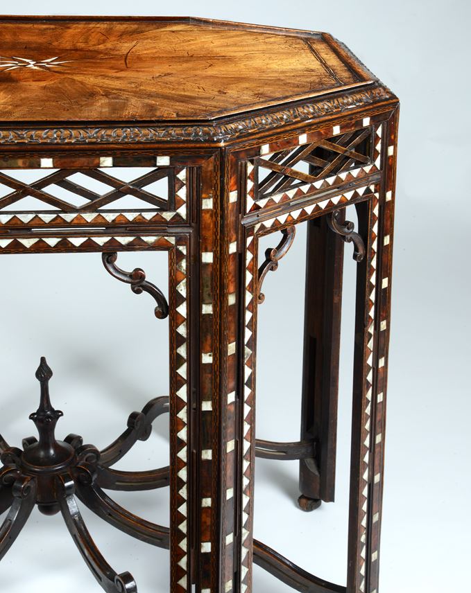 A rare mid 18th century octagonal carved mahogany silver table veneered and inlaid with tortoiseshell and bone | MasterArt
